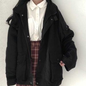Japanische Winter-Ulzzang-Punk-Damenmode einfarbige Langarmjacke in Vintage-Chic-Harajuku 211014