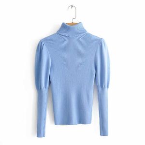 women fashion turtleneck puff sleeve basic knitting sweater autumn solid color casual slim pullovers chic leisure tops S086 210603