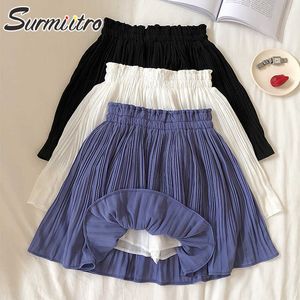 Surmiitro Spring Summer Mini Shortsスカート女性韓国風白黒ブルーブルーハイウエストサンスクールプリーツスカート女性210712