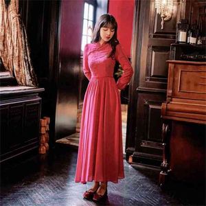 Kadın Akşam Parti Maxi Elbise Bahar Çin Tarzı Çiçek Nakış Uzun Cheongsam Bilek Kol Kırmızı 210603