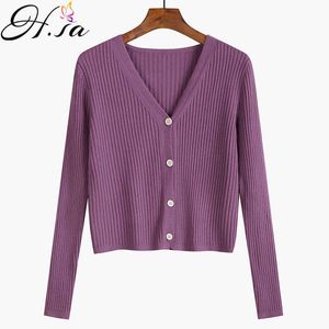 H.SA vetement femme V neck Striped Solid Purple Slim Knitwear Sweater Cardigans Autumn Winter knitted cardigan Women Jacket 210716