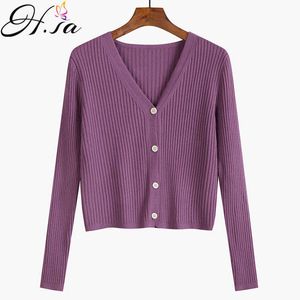 H.SA VETEMENT FEMME V Hals Striped Solid Lila Slim Knitwear Sweater Cardigans Höst Vinter Strikkad Cardigan Women Jacket 210716