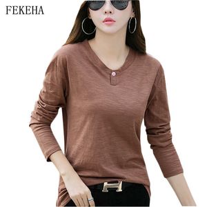 Vetement Femme Herbst Langarm Büro Hemd Frauen T-Shirt Bambus Baumwolle Weiß T-shirt T Top Camiseta Feminina Plus Größe Y0621