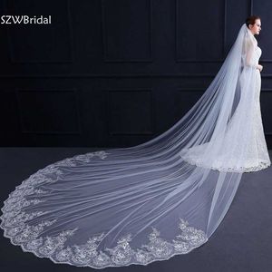 Mode Spitze Applikationen Weiß Elfenbein Kathedrale Hochzeit Schleier Lange Spitze Braut Schleier mit Kamm Hochzeit Zubehör Günstige Schleier X0726