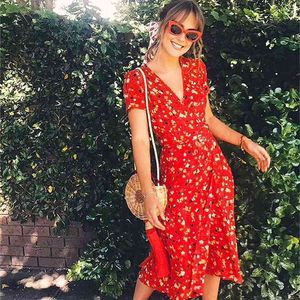 BOHO INSPIROWANA Dzika Wiśnia drukowane wrap letnia sukienka z krótkim rękawem V-neck szarfy midi sukienka kobiet szyfon party kobiety vestidos 210719