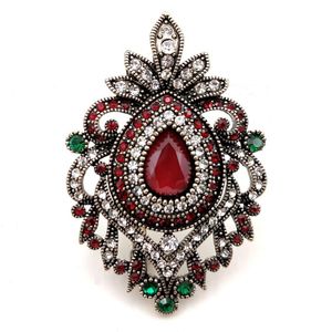 Pins, broscher Turkiska Vintage Micro Pave Crystal Öppnar Filigree Scroll Dark Red Oval Brosch Teardrop Stone Domed Shaped Pin Hijab Smycken