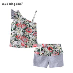 Mudkingdom One Ramię Dziewczyny Stroje Kwiatowe Ruffle Letnie wakacje Boutique Dzieci Ubrania Kwiatowe Topy i Szorty Ustaw Girl Suit 210615