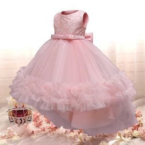 Rosa Lace Girls Princess Dress for Kids Wedding Formal Evening Ärmlös Long Tail Gown Barn Broderi Pagant Vestidos Q0716