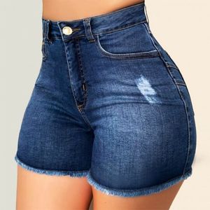 Kvinnor Mode Sexig Push Up Slim Denim Shorts Sommar Vintage Hög midja Rippad Tassel Casual Short Jeans Streetwear 210308