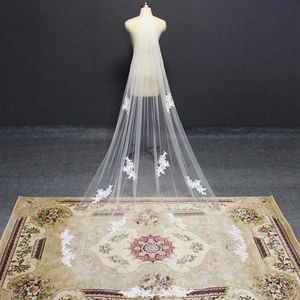 Elegancki Long Wedding Veil z koronkowymi aplikacjami białą Ivory Soft Tulle 3 metry Welon ślubny z grzebieniem akcesoriami ślubnymi X0726