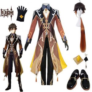 Game Genshin Impact Cosplay Zhongli Costume Zhong Li Cosplay Genshin Impact Cosplay Halloween Party Costumes and Shoes Wigs Y0903