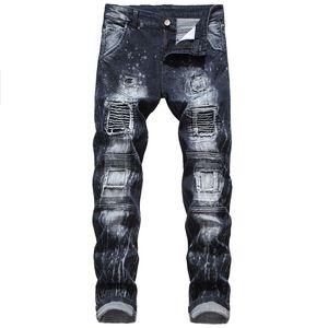 Herren-Jeans mit hoher Taille, zerrissene Jeans, schmale Passform, Straße, Motorrad, Biker, Freizeithose, Streetwear, Herren, Schwarz, Blau, Größe 28, 30, 32, 34, 38, 40, 42