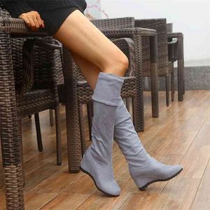 Black Elastic Flock Slim Fit Over The Knee Boots Women Autumn Winter Sexy Ladies High Heel Wedges Long Thigh botas 210910