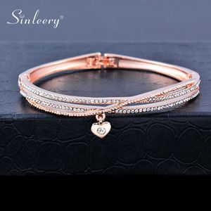 Sinleery Small Heart Pendant 3 Layers Crystal Bangle for Women Rose Gold Silver Color Wedding Bracelets Jewelry Sl477 Ssf Q0719