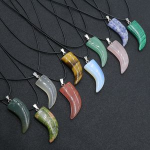 Naturstein Edelstein geschnitzt Ochsenhorn Form Anhänger Rosenquarz Kristall Jade Onyx Halskette Heilung Wächter Schmuck für Männer Seil Kette