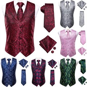 Gilet da uomo Hi-Tie Borgogna Paisley Floral Silk Slim Gilet Cravatta Set per abito Abito da sposa 4PCS Gilet Hanky Gemello