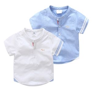 Детский день рождения подарок одежда летняя мода хлопок белый синий цвет мультфильм собака печать с коротким рукавом мандарин воротник мальчики рубашка 210701