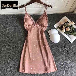 Sexy Nightdress Ladies Lace Print Flower Nightgown Soft Silk Satin Elegant Sleepwear Summer Nightwear With Chest Pads Homewear 210924