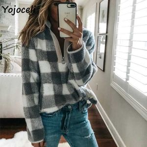 Yojoceli winter warm fleece sweatshirt streetwear women pullovers loose style plaid sweater 210609