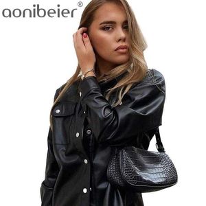 Outerwear Streetwear Mulheres Faux Couro Motociclista Abra para Baixo Collar Manga Longa Feminino Casual Pu Jacket Preto 210604