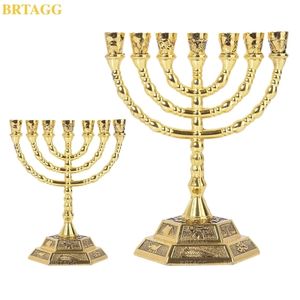 BRTAGG Menorah, 7 Branch Je Candle Holder, 12 Tribes Of Israel Jerusalem Temple Candlestick 211108