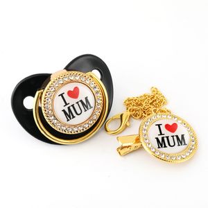 Luxury Diamond Crystals Black Baby Pacifier Rhinestones Bling Pacifier Chain Clip I love Mum Dad Dummy Soother Holder 210226