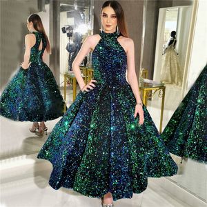 Green O-Neck Sexy Luxo Ankle-Comprimento Vestidos de Noite 2022 Sem Mangas Skirt Skirt Lantejoulas Sparkle Prom Vestidos Real Imagem