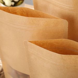 Food Moisture-proof Bags Kraft Paper Zip Stand-up Reusable Sealing Pouches with Transparent Window and Tear Notch fast ship