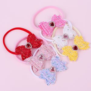 Baby Girls Nylon Headbands Shiny Sequin Bow Solid Color Kids Valentine's Day Elastic Bowknot Hairband Heart Rhinestone WKHA25