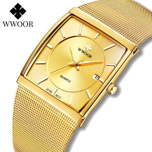 WWOOR Luxury Gold Watch Uomo Square Japan Quartz Slim Steel Mesh Impermeabile Sport Automatico Data Orologi da polso Relogio Masculino 210527