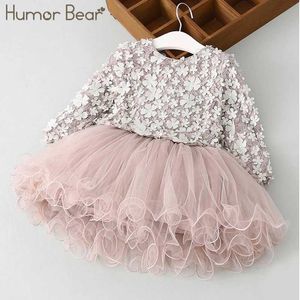 Humor Bear Long Sleeve Girl Dress Princess Dress Spring Petals Design Baby Birthday Party 3-7y Q0716