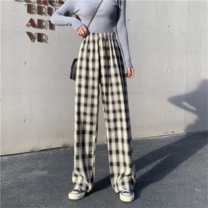 6 Colors Summer New Women Casual Pants Cotton Linen Elastic Waist Straight Loose Plaid Mopping Female Trousers Plus Size S-4XL Q0801