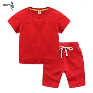 Crianças se adapte ao menino do verão do algodão / menina t-shirt macia + shorts de praia terno crianças crianças sólidas crianças crianças para 2-12 conjuntos de roupas1