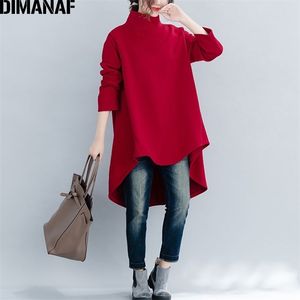 DIMANAF Autumn Winter Pullover Women Clothing Warm Hoodies Sweatshirts Loose Cotton Knitted Thicken Tops Turtleneck Red Black 210803
