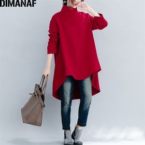 DIMANAF Herbst Winter Pullover Frauen Kleidung Warme Hoodies Sweatshirts Lose Baumwolle Gestrickte Verdicken Tops Rollkragen Rot Schwarz 210803