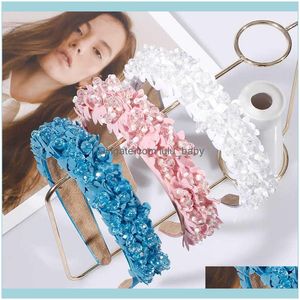 Gummibänder Schmuckblau Weiß Rosa Stoff Strass Stirnband Blume Haarband Frauen Handgefertigte Perlen Kopfband Europäische Mode Haarschmuck