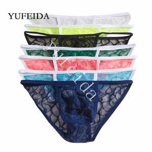 Cuecas 7 pçs / lote homens sexy cuecas cueca lace ver através de biquini lingerie respirável macho sissy calcinha gay jockstrap mens