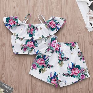 Set di vestiti per neonate Primavera Autunno Abiti per ragazze di moda Cluster di fiori All Stars Pantaloncini senza maniche stampati con scollo all'americana Set Abbigliamento per bambini cinesi