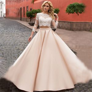 두 조각 샴페인 웨딩 드레스 라인 2021 레이스 아플리케 환상 탑 3/4 긴 소매 가든 컨트리 웨딩 드레스 저렴한 vestidos