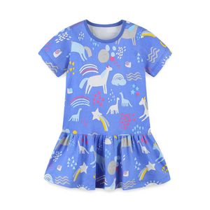 ジャンプメーター夏青い漫画プリントファッションプリンセスパーティードレスベビーコットン服子供ユニコーンドレス210529