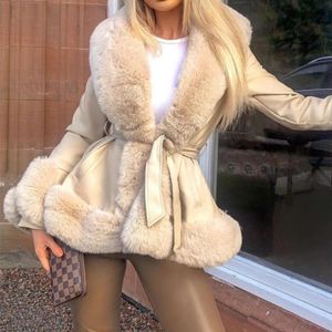 Women's Fur & Faux Women Thick Warm Jacket Coat With Belt 2021 Winter Collar Leather Jackets Outerwear Abrigos Mujer Invierno