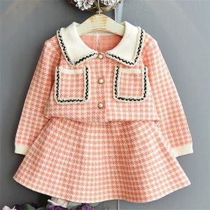 Vendita calda Set di abbigliamento per bambini Cardigan maglione lavorato a maglia per ragazze + Gonna a pieghe a reticolo Abiti da principessa per bambini