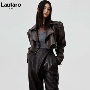 Lautaro Autumn Short Oversized Brown Leather Biker Jacket Women Long Sleeve Zipper Loose Stylish Cropped Top Korean Fashion 211011
