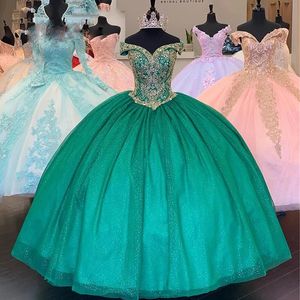 Verde luxo Quinceanera Vestidos 2022 Bola vestido meninas princesa fora do ombro longo baile de baile doce 16 vestido para 15 anos