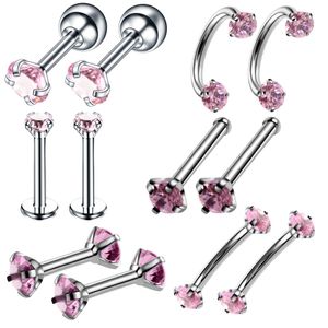 12pcs de aço inoxidável botão nariz de cristal labret lip anel set mulheres garanhão garanhão anéis de orelha piercing pin