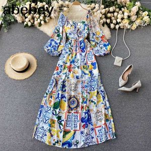 Summer Blue and White Porcelain Flower Printed Maxi Dress Women Lantern Sleeve Strapless High Split Chiffon Dress 210715