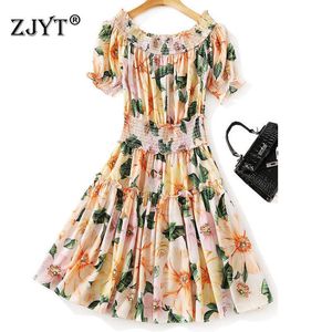 Verão Desenhador de Runway Moda Mulheres Manga Curta Floral Imprimir Pescoço Mini Dress Bohemian Beach Férias Robe Vestidos 210601