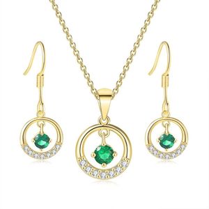 Chains TENGTENGFIT Cubic Zirconia Pendant Yellow Gold Plated Necklace & Earrings,Green Simulated Emerald Fashion Jewelry Sets