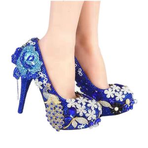 푸른 고급스러운 신발 공작 다이아몬드 웨딩 신발 꽃 체인 펌프 하이힐 신부 신발 14cm 방수에 대한 14cm 블링 댄스 파티