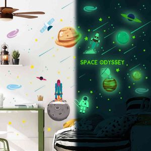 Luminous Space Planet Rocket Wall Sticker kids room bedroom home decoration living room Cartoon decals Glow in the dark Stickers 211112